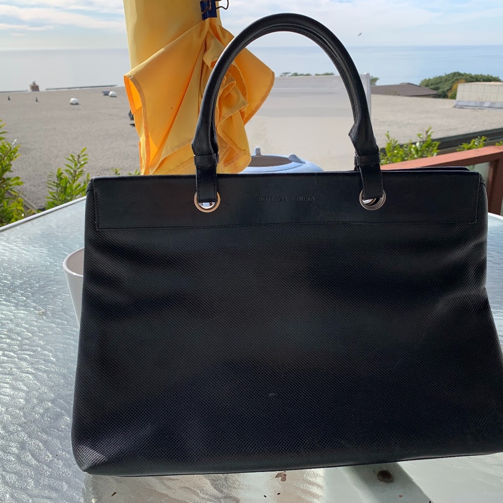 VINTAGE BOTTEGA VENETA BLACK COATED CANVAS L TOTE - SATCHEL